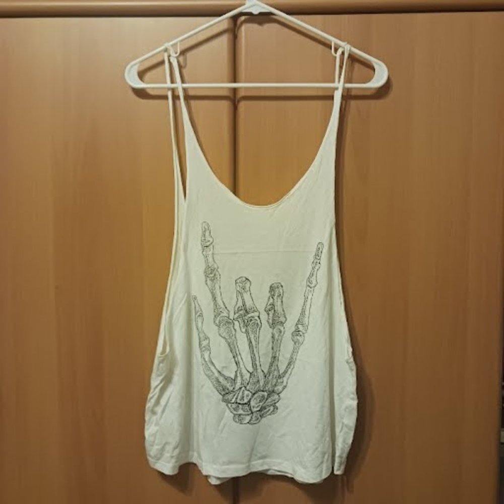 BEAR DANCE Rock On Skeleton Hand Print Tank Top, White/black print, Sz L, Used